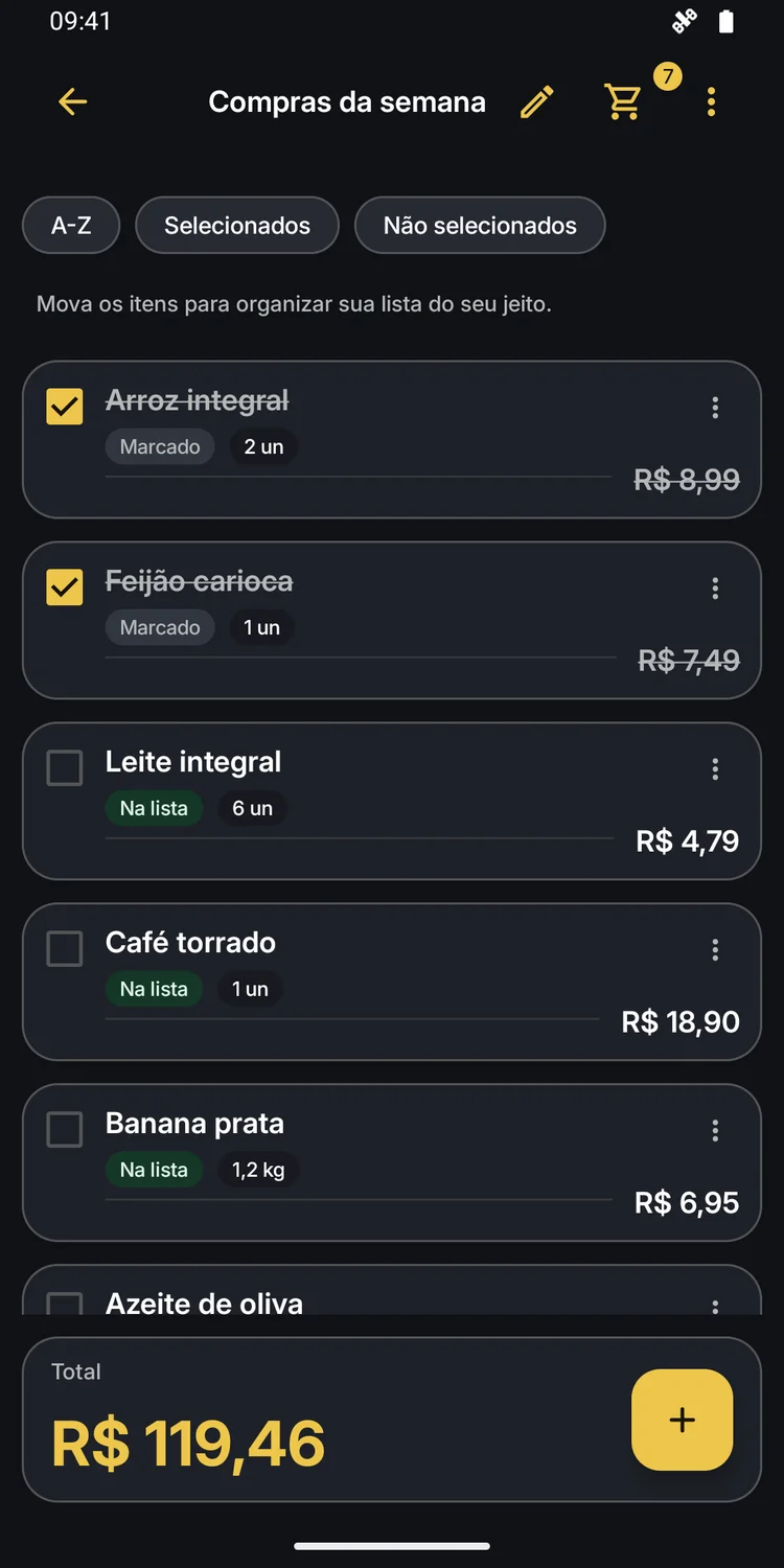 Shopping items with quantities, prices and total in dark mode