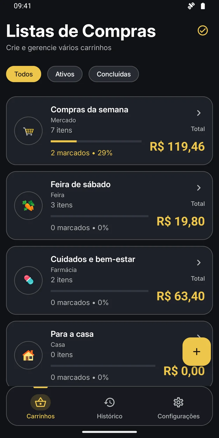 Shopping lists with sample entries in dark mode