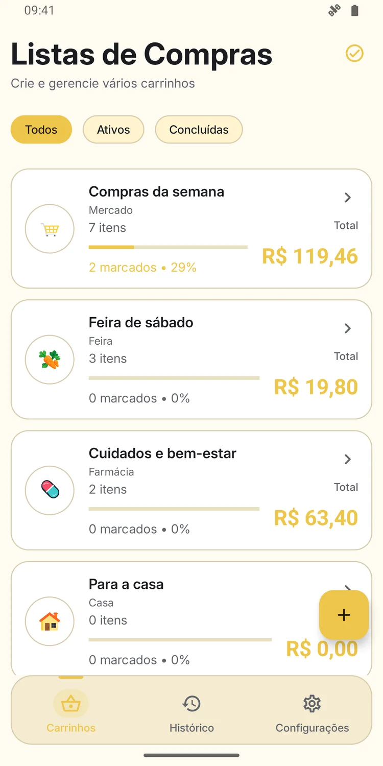 Shopping lists organized by category in light mode