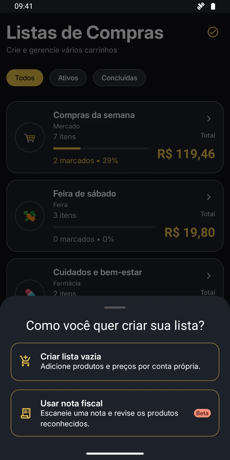 Options to create an empty list or use a receipt, marked as beta